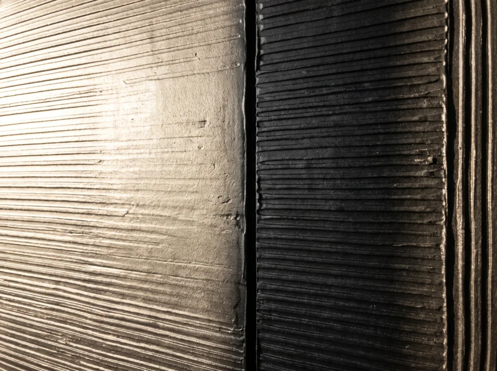 Metallic bronze and dark grey textured wall art with horizontal lines and a vertical gap is mounted flush.