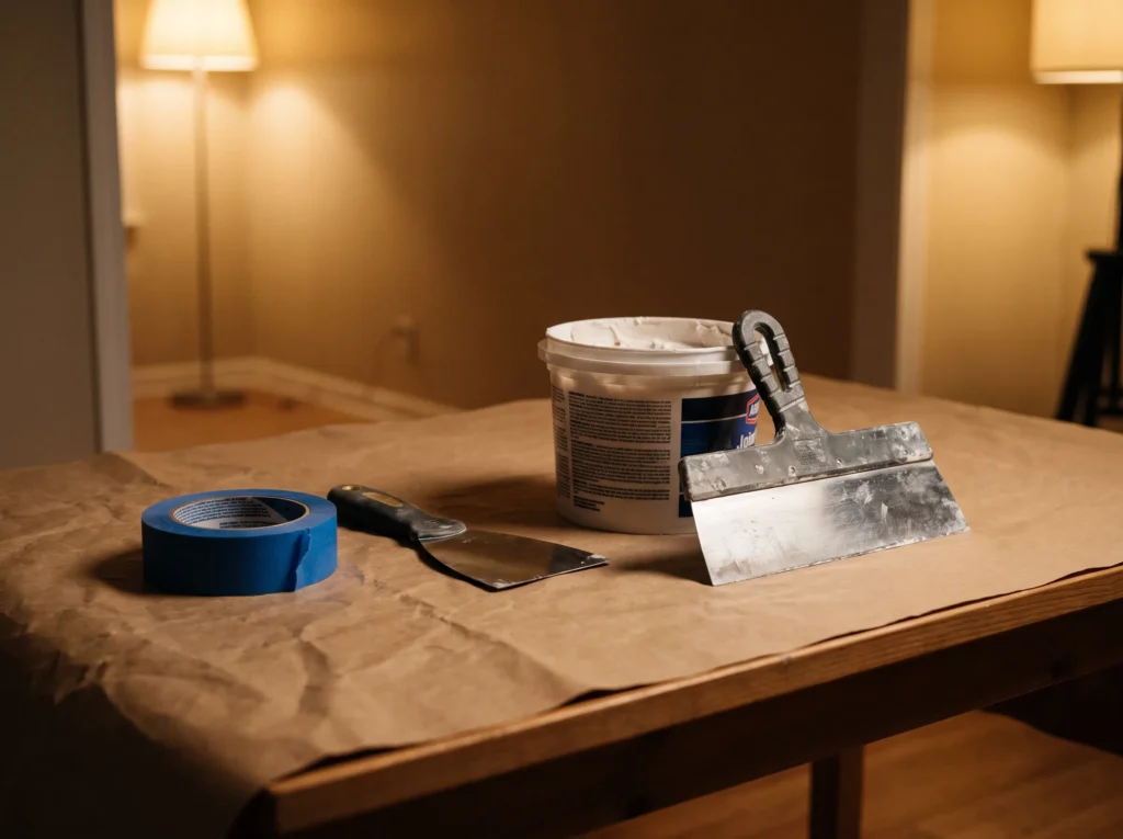 Drywall repair supplies, including joint compound and taping knives, rest on a paper-covered table under warm light.
