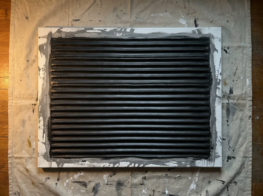A canvas with black horizontal ridges and painted grey edges lies on a paint-splattered drop cloth.