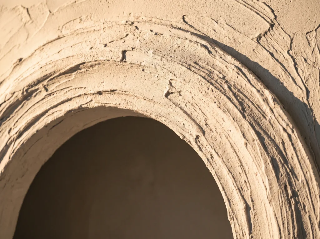 A textured plaster archway in warm sandy beige catches directional light from the upper right, creating deep shadows.