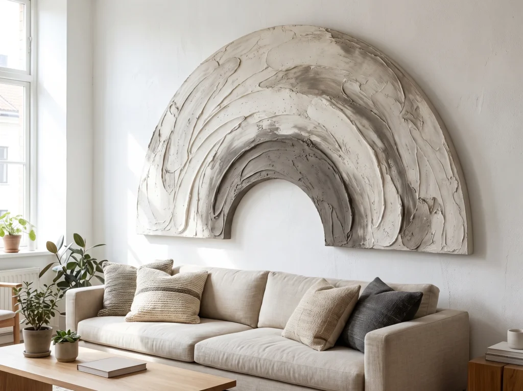 Bright natural daylight from the left window illuminates a large, textured plaster arch artwork mounted flush to the white.