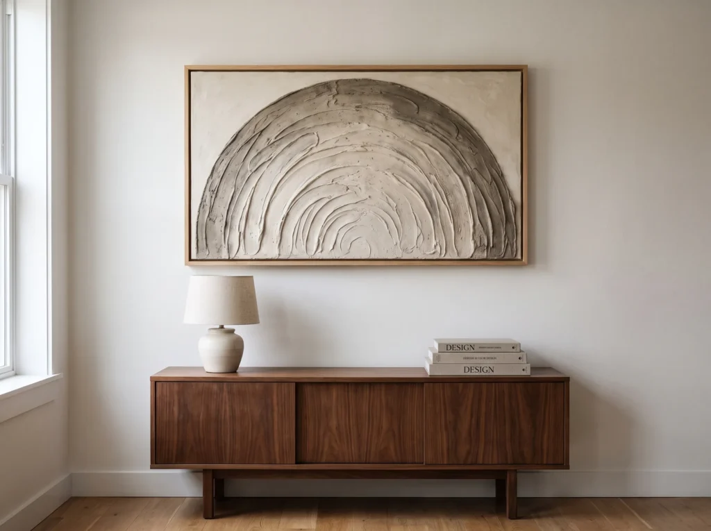 A large framed textured artwork with concentric arches hangs above a wood credenza in a living room.