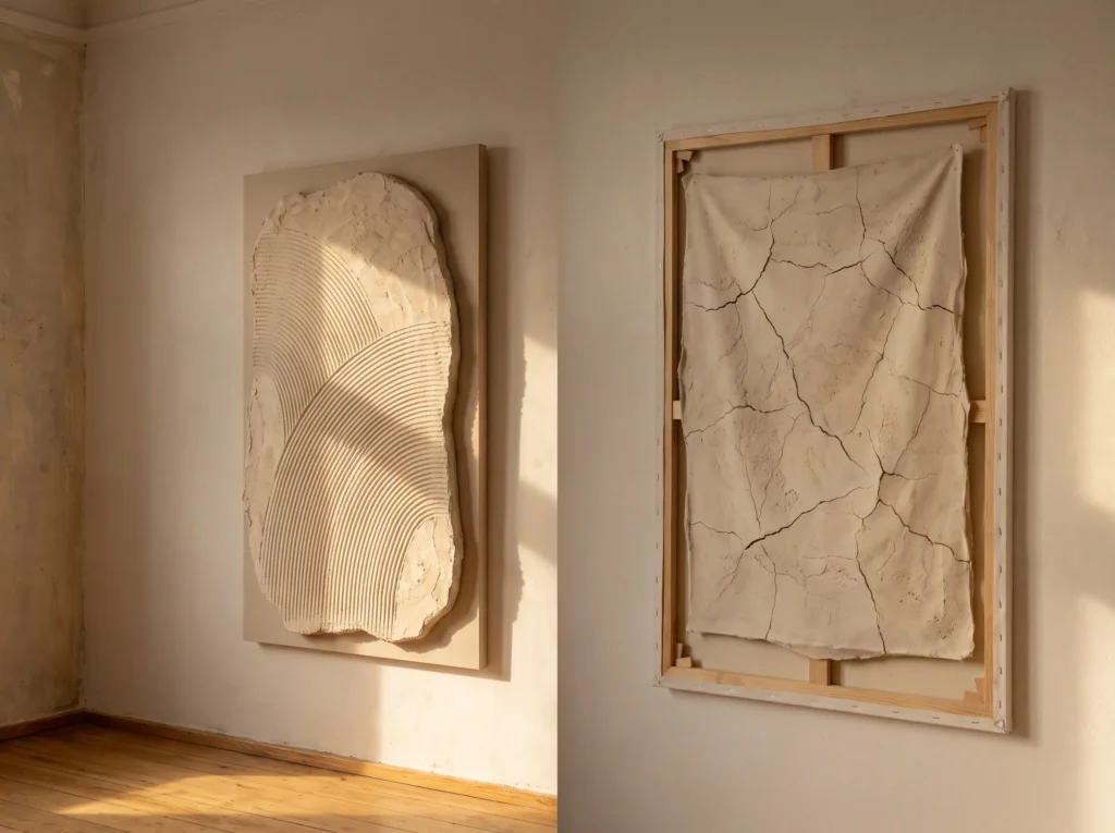 Two pieces of japandi textured wall art hang on a wall, one on a rigid board and the other on a cracked canvas frame.