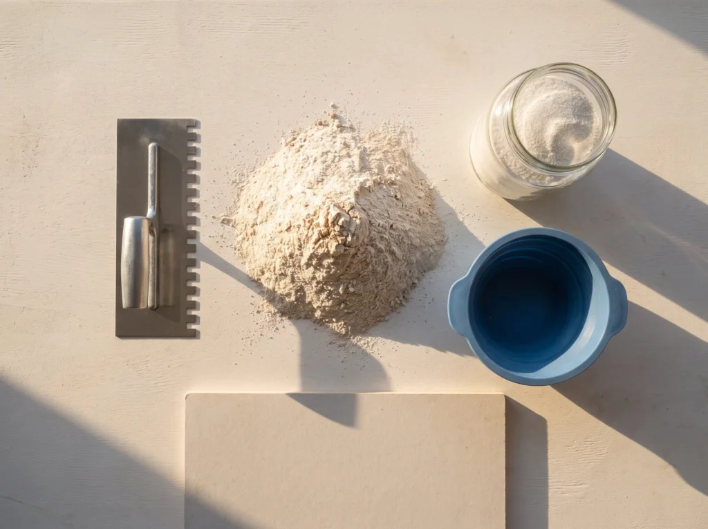 Beige and blue tones feature a metal trowel, a pile of powder, and a jar of white granules on a sunlit surface.