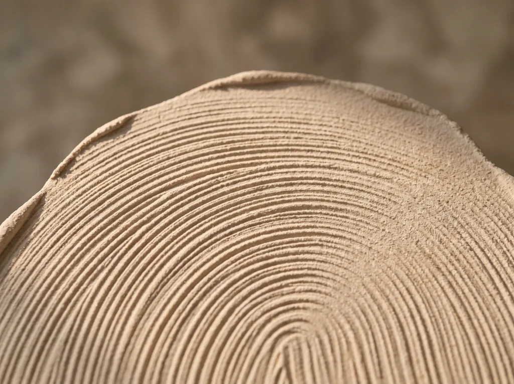 Natural light highlights the concentric curved ridges of a tan, granular paste mass with a rounded top.