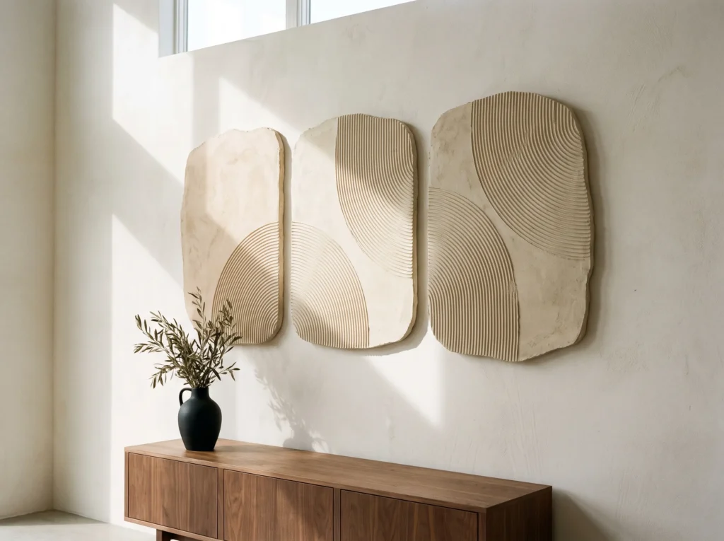 Three pieces of beige japandi textured wall art with arch patterns hang above a wooden cabinet.