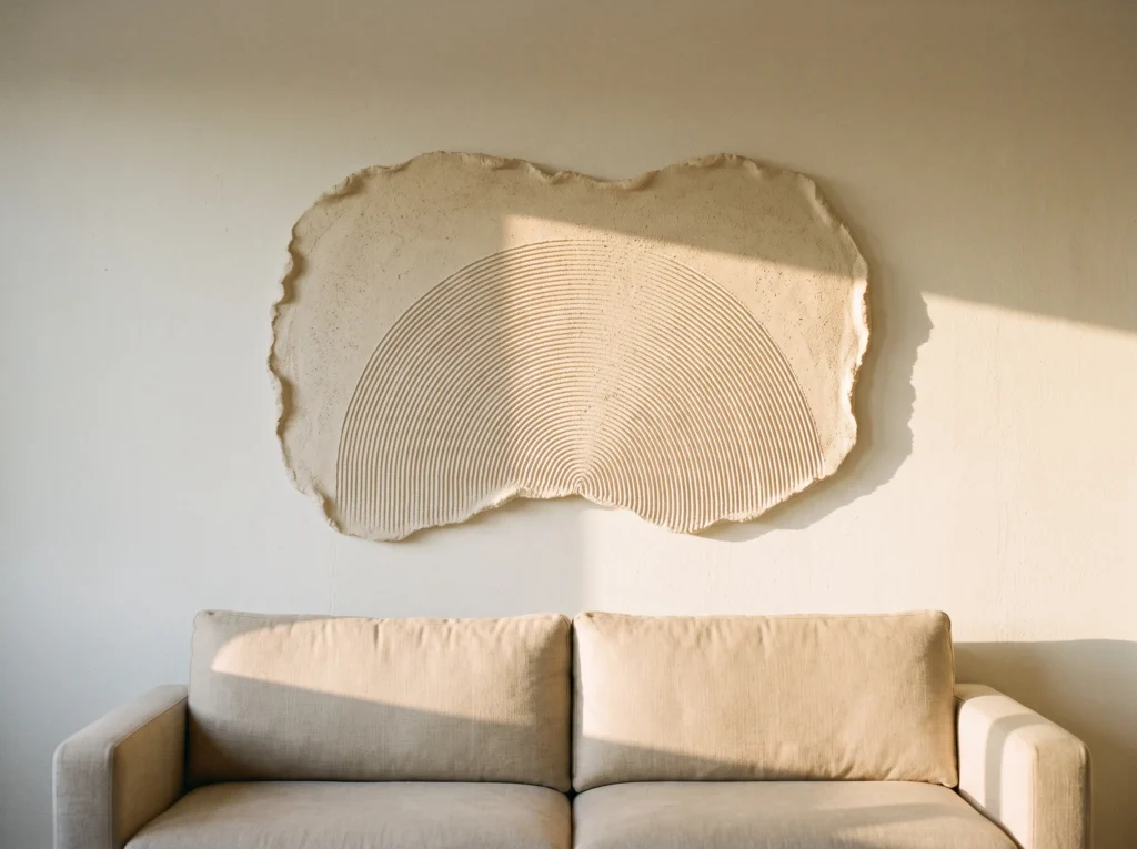 A large, textured plaster wall art piece with concentric ridges hangs above a beige two-cushion fabric sofa.