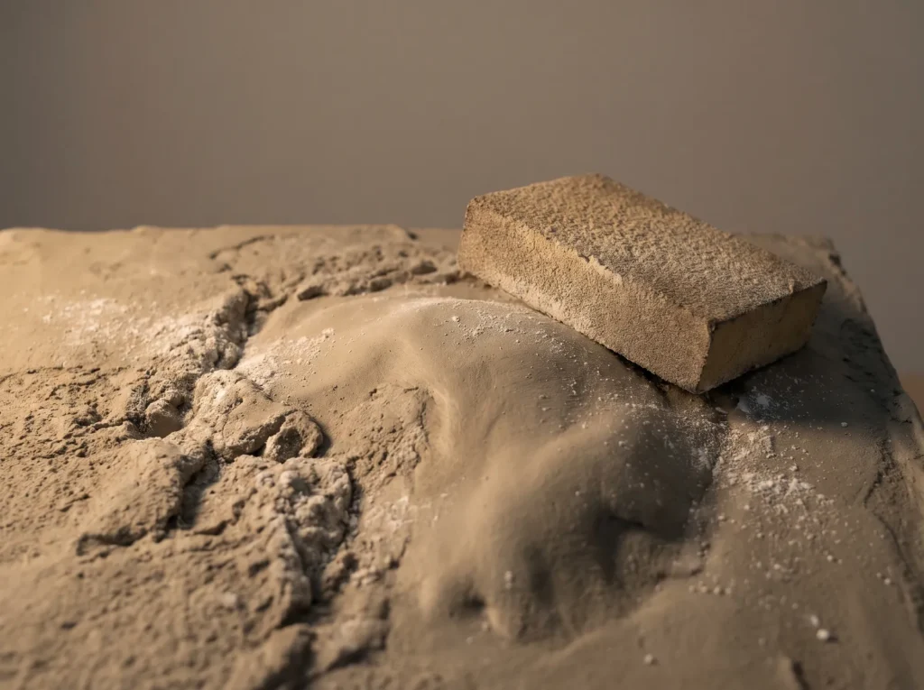Fine-grit sanding sponge on a dry wabi sabi plaster panel, with buffed smooth peaks beside rougher ones.