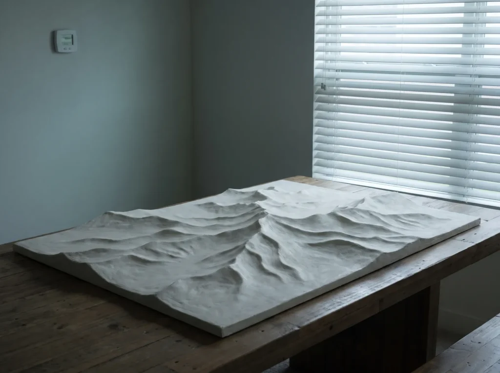 Abstract landscape plaster artwork curing flat in a cool shaded room with the blinds closed against direct sun.
