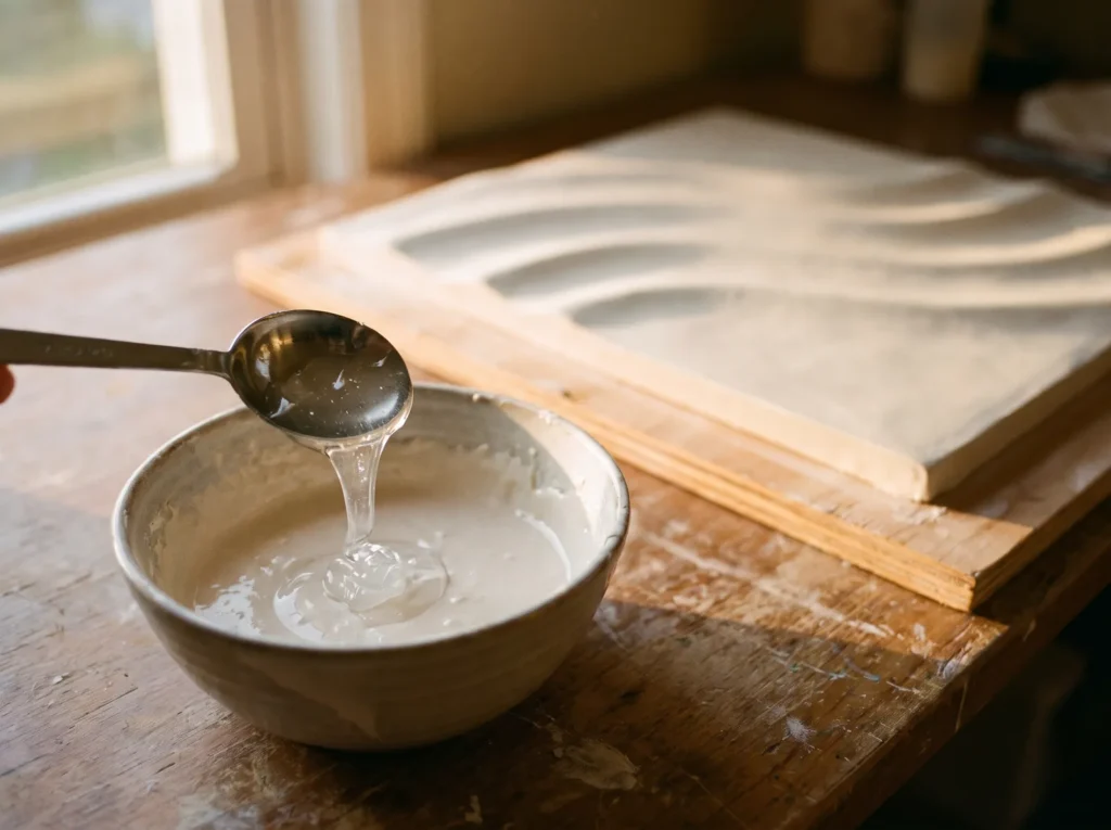 Tablespoon of acrylic gel medium added to wet plaster, with a crack-free mid-century wave panel behind it.
