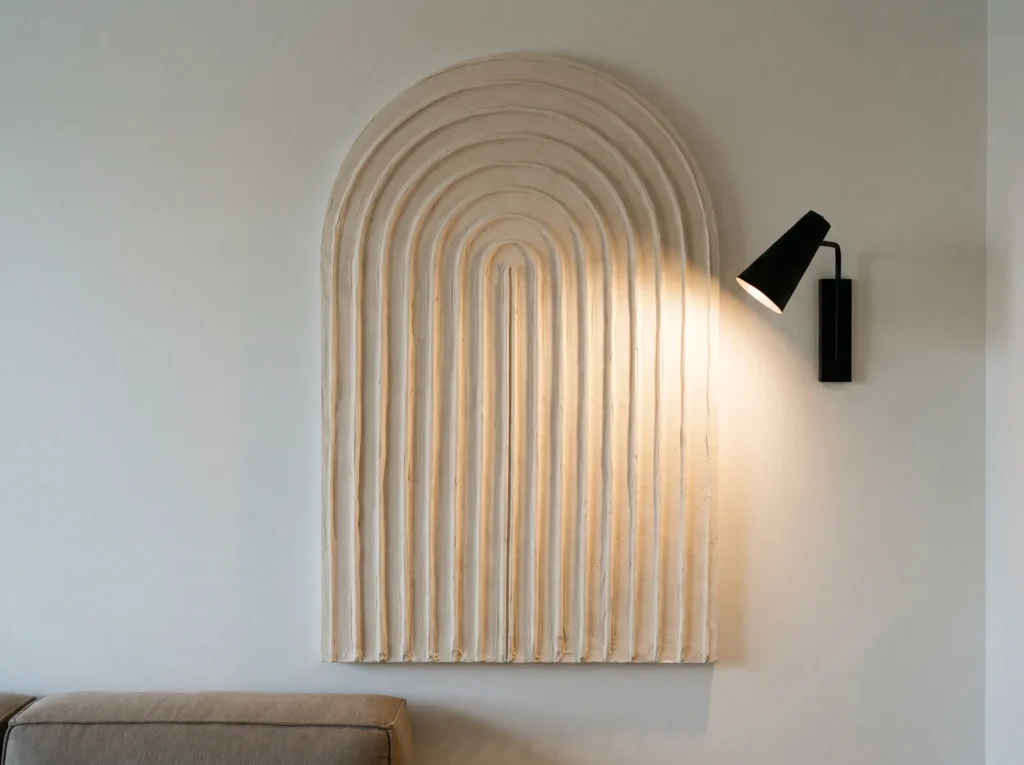 Angled wall sconce beside a textured arch artwork, casting side light and deep shadows across its ridges.