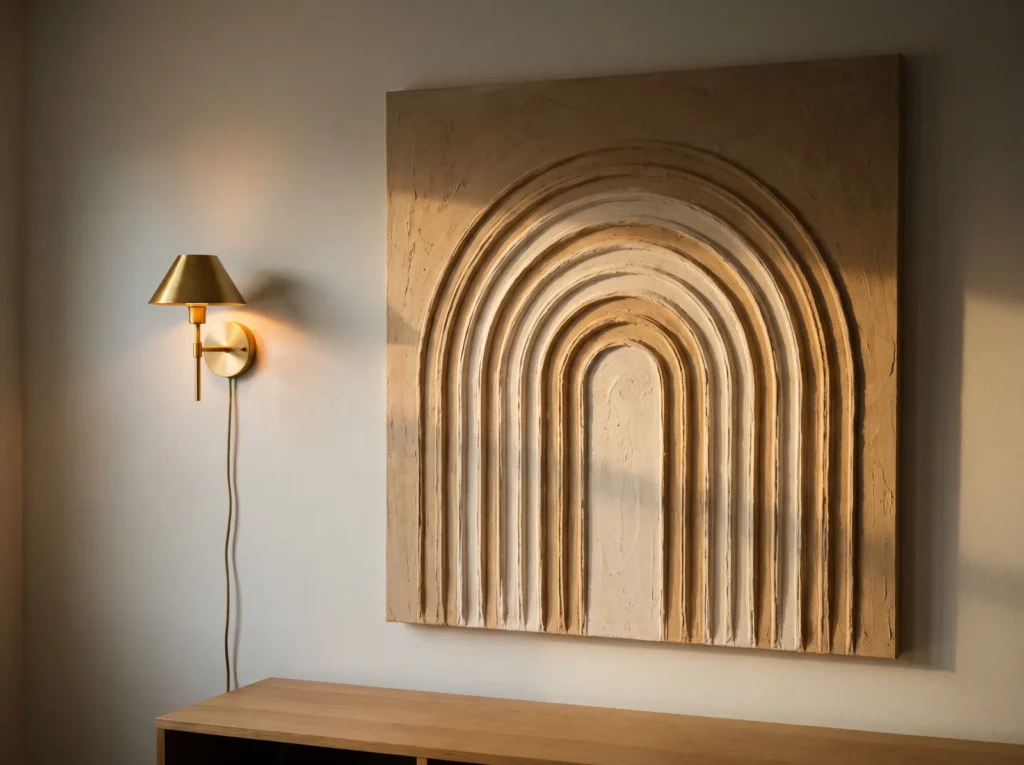 Brass wall sconce mounted beside a textured arch canvas, its warm light grazing the raised ridges and casting long shadows.