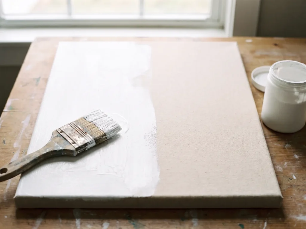 Wide brush applying white acrylic gesso to half of a raw cotton canvas to seal it before adding plaster.