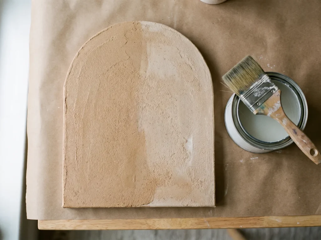 Soft synthetic brush on an open can of water-based matte polyurethane beside a textured arch canvas being sealed.