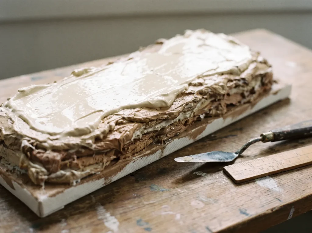 Edge of a textured canvas showing quarter-inch impasto layers built up one at a time, with a palette knife and ruler.