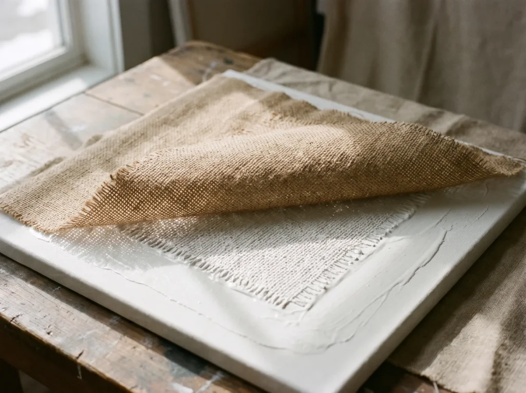 Burlap peeled back from wet modeling paste, revealing a fossil-like woven fabric imprint on the canvas.