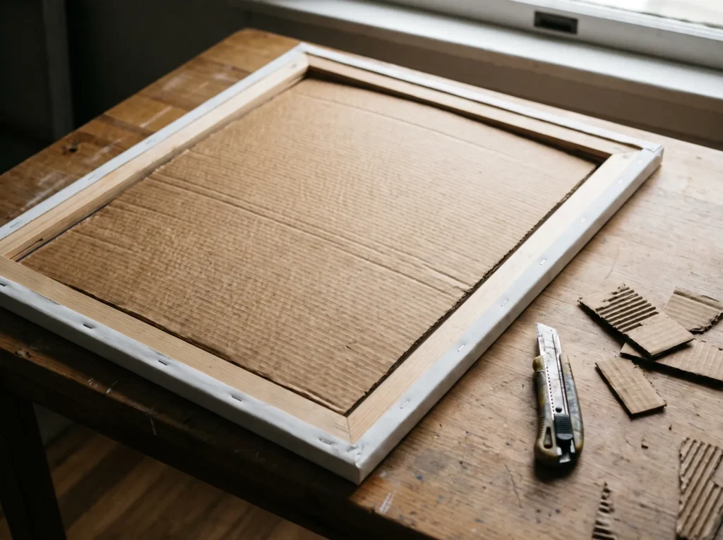 Back of a canvas with thick cardboard wedged between the stretcher bars to support it while adding plaster.