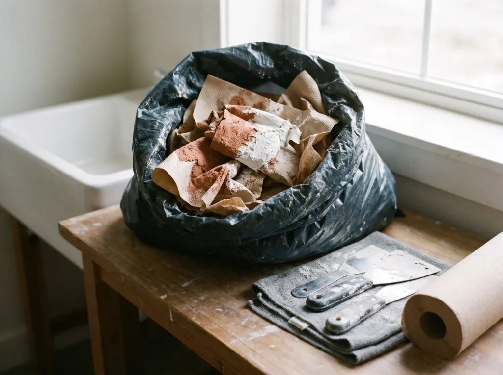 Plaster trowels wiped clean with paper towels that go in the trash, keeping compound out of the sink.
