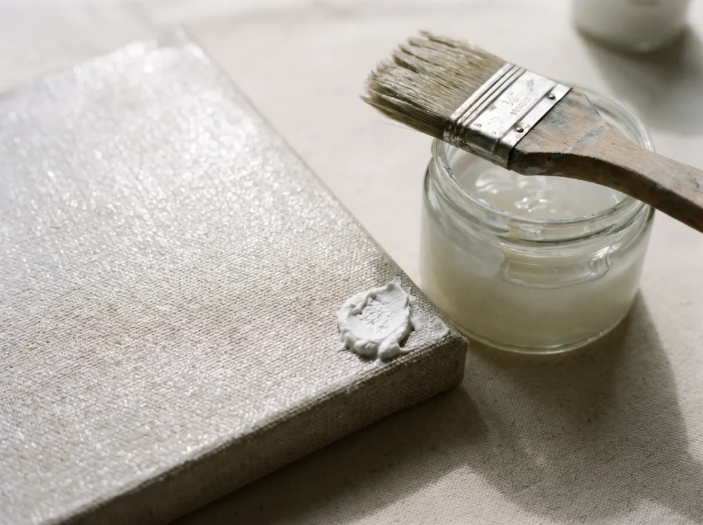 Canvas with a toothy coat of clear acrylic gesso, with a brush and a dab of modeling paste gripping the surface.