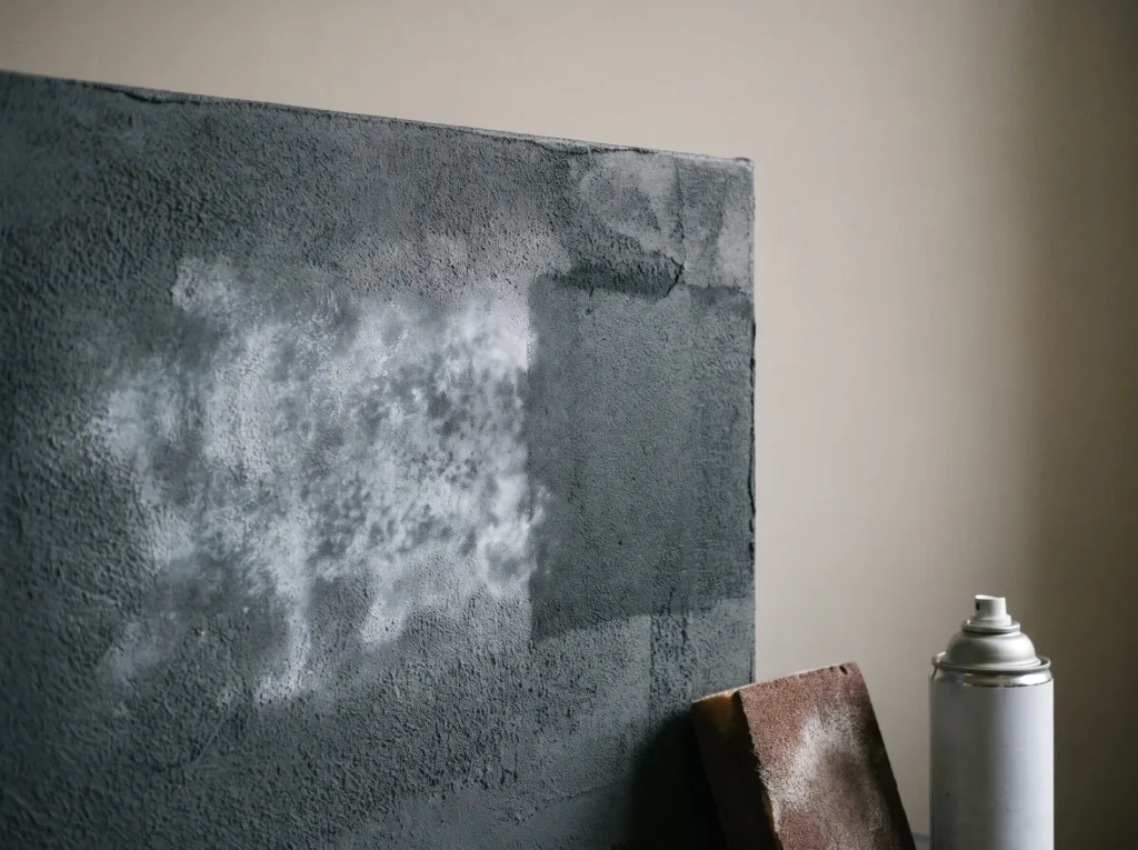 Dark plaster canvas showing a milky hazy patch of sealant next to a clear sealed area, with a sanding sponge nearby.