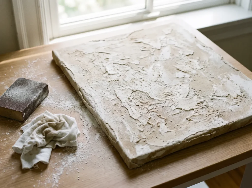 Coarse sanding block and dust beside a canvas whose failed texture has been sanded flat to start over.