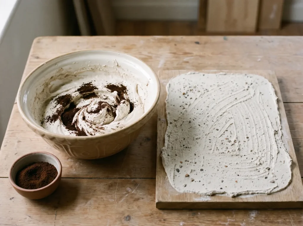 Used coffee grounds mixed into plaster in a bowl, next to a gritty stone-like wabi sabi plaster surface.