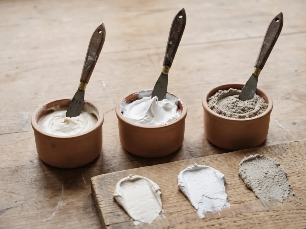 Three tubs of joint compound, modeling paste and gritty plaster with matching test swatches showing their different textures.