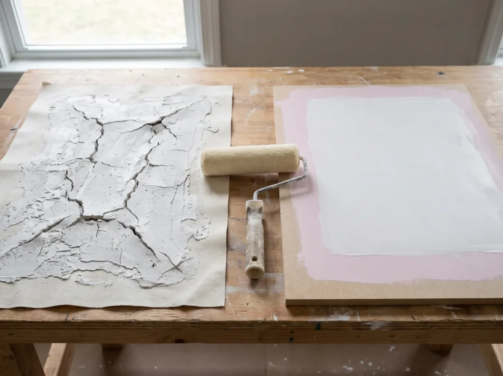 Cracked plaster on a thin unsealed canvas next to smooth crack-free plaster on a primed MDF board.