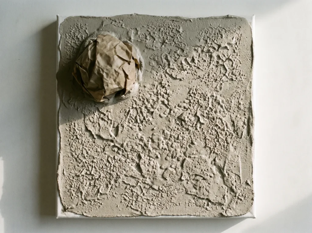 Crumpled parchment paper beside a wet joint compound canvas covered in stippled peaks that look like aged stone.