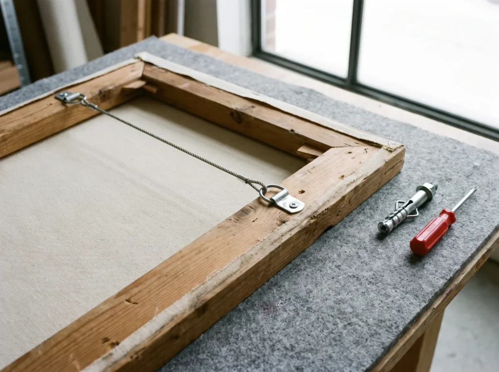 Back of a heavy canvas with D-rings and braided steel hanging wire, next to a heavy-duty wall anchor.