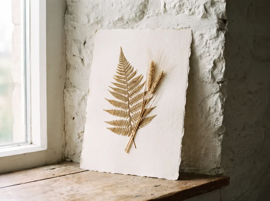 Faded pressed fern and dried wheat mounted on handmade deckled cotton paper against a limewashed wall.