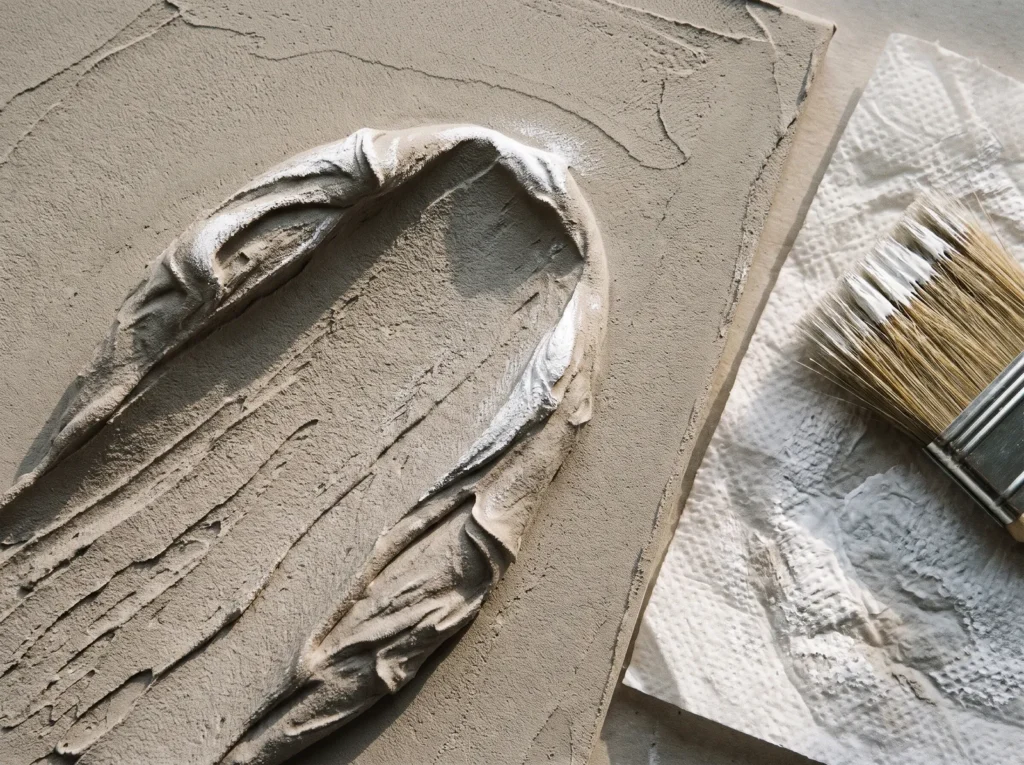 Stiff dry brush and paper towel beside a grey plaster artwork whose highest ridges are dusted with white paint.