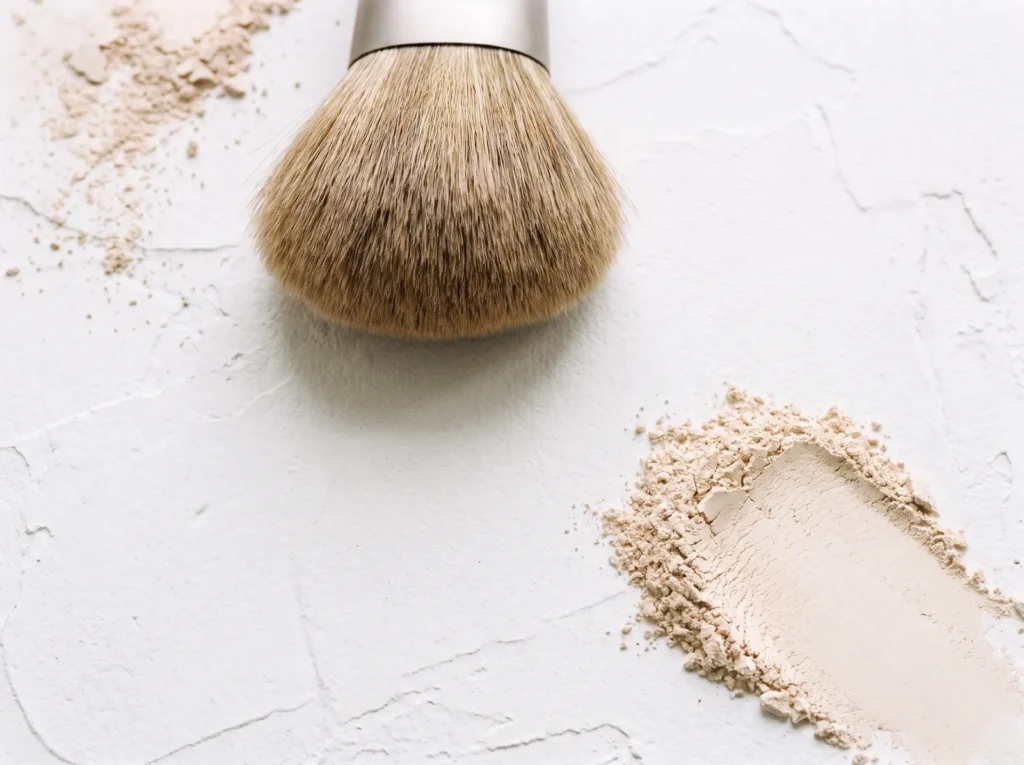 Large dry makeup brush sweeping fine chalky dust off a white plaster canvas before sealing.