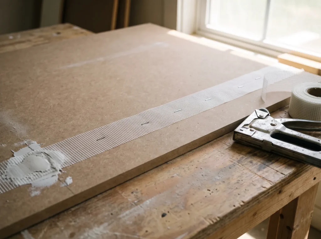 Fiberglass drywall mesh stapled to an MDF board as an armature for a deep plaster mural, with a staple gun beside it.