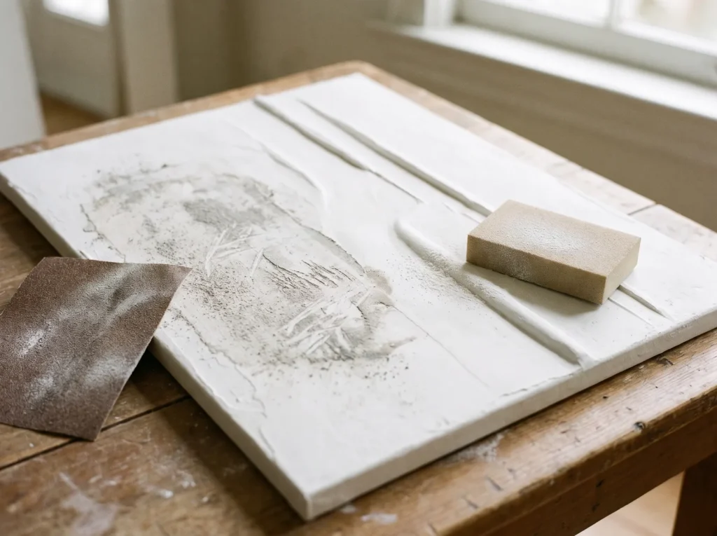 Plaster canvas showing a scuffed patch from coarse sandpaper next to a crisp ridge gently softened with a fine sanding sponge.