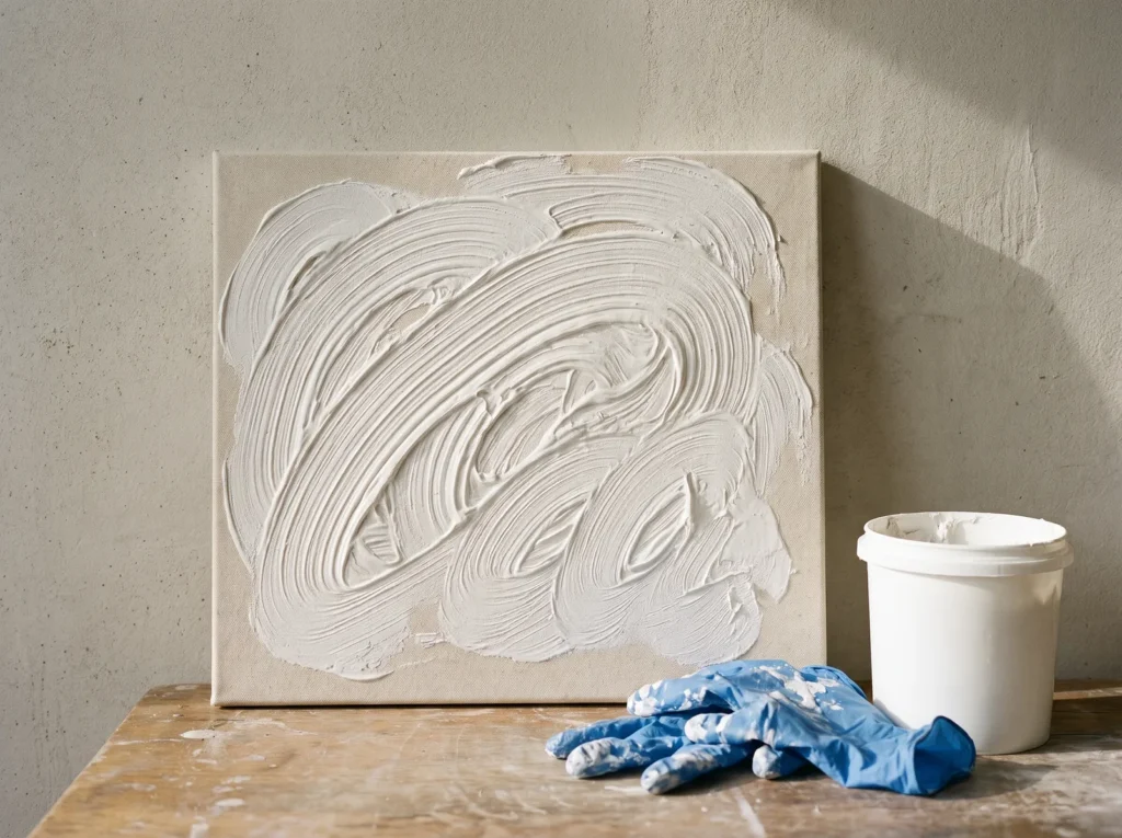 Canvas with organic finger-smeared plaster texture beside a pair of used nitrile gloves.