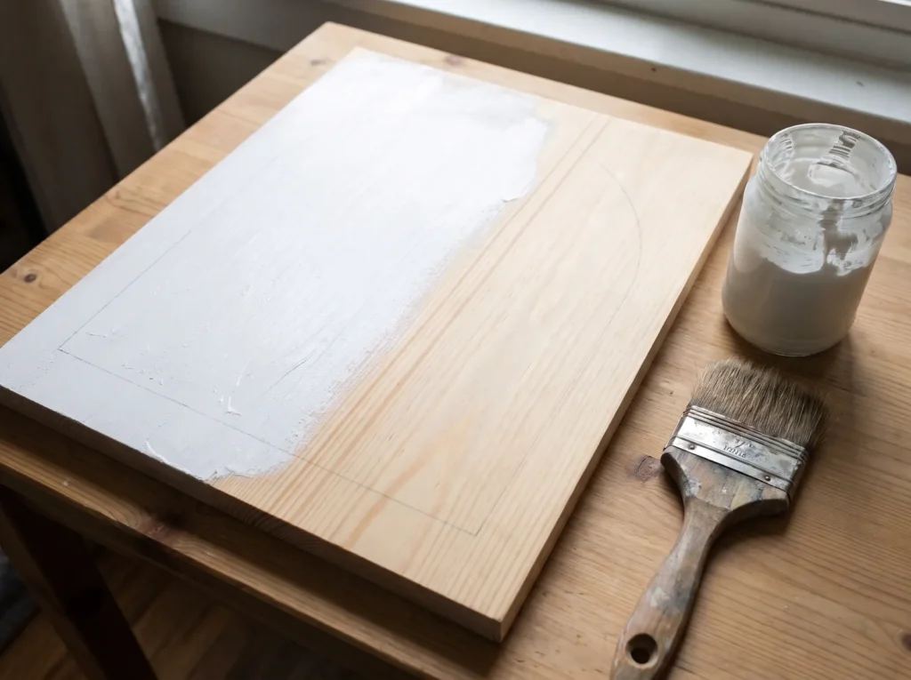 Wooden panel half coated in white gesso with a pencil arch outline, ready for plaster.