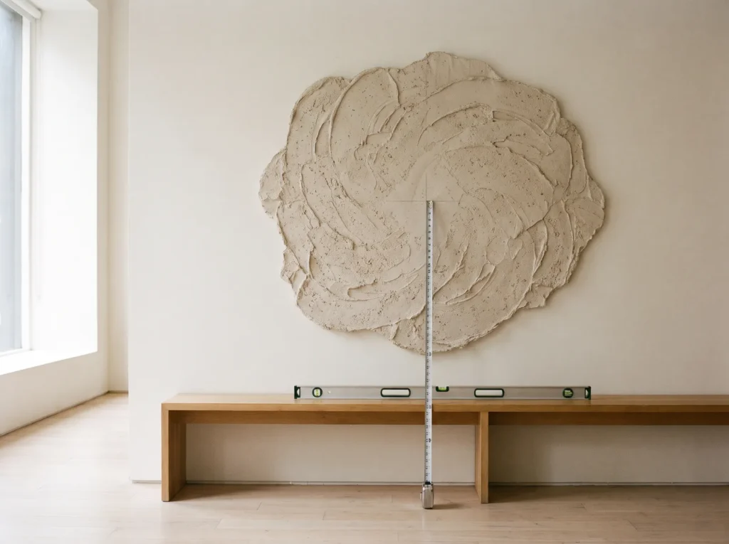 Steel tape measure running from the floor to a pencil mark at the center of a neutral plaster artwork hung at gallery height.