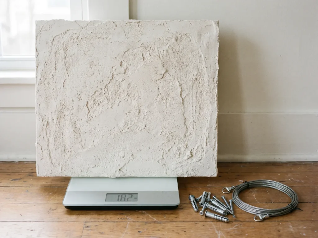 Large plaster canvas on a scale reading about 18 pounds, with heavy-duty drywall anchors and hanging wire beside it.