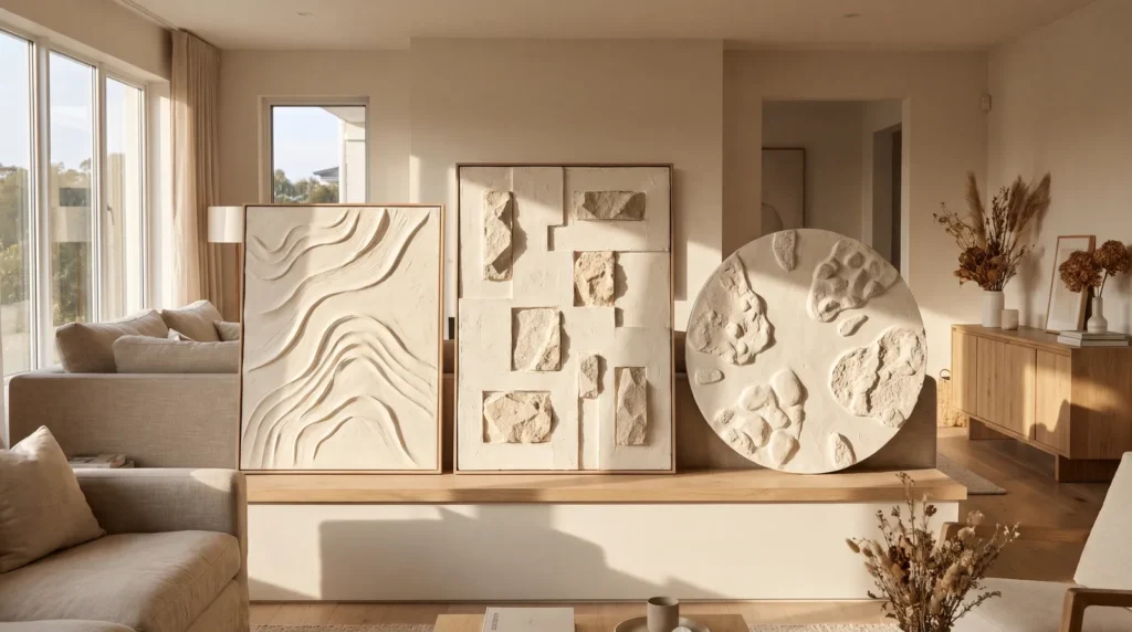 A set of three plaster artworks that look like expensive gallery pieces, each with different refined relief texture in white and stone, leaning on a long ledge