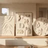 A set of three plaster artworks that look like expensive gallery pieces, each with different refined relief texture in white and stone, leaning on a long ledge