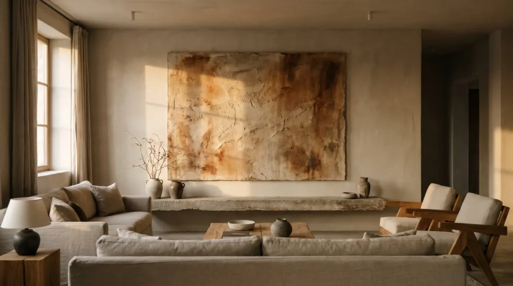 A wabi sabi plaster wall artwork with iron oxide earthy washes in rust and umber over rough joint compound texture, on a raw plaster wall above a stone shelf