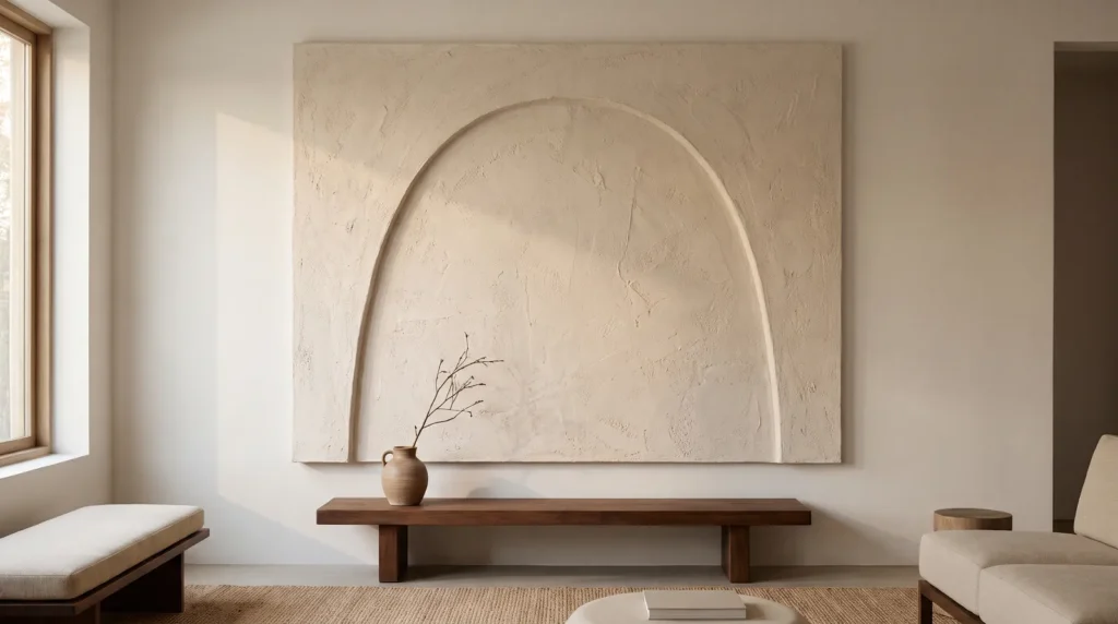 A simple japandi textured wall art panel with one asymmetrical sculpted arch in pale oatmeal plaster, above a low dark wood bench with a small ceramic vase