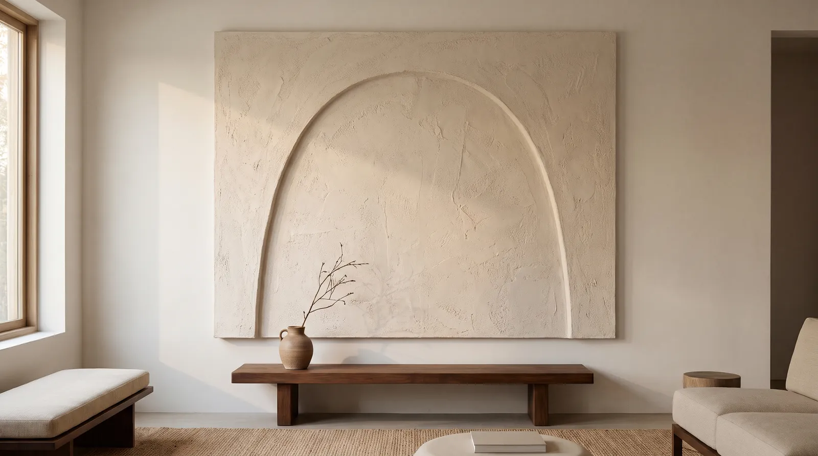 A simple japandi textured wall art panel with one asymmetrical sculpted arch in pale oatmeal plaster, above a low dark wood bench with a small ceramic vase