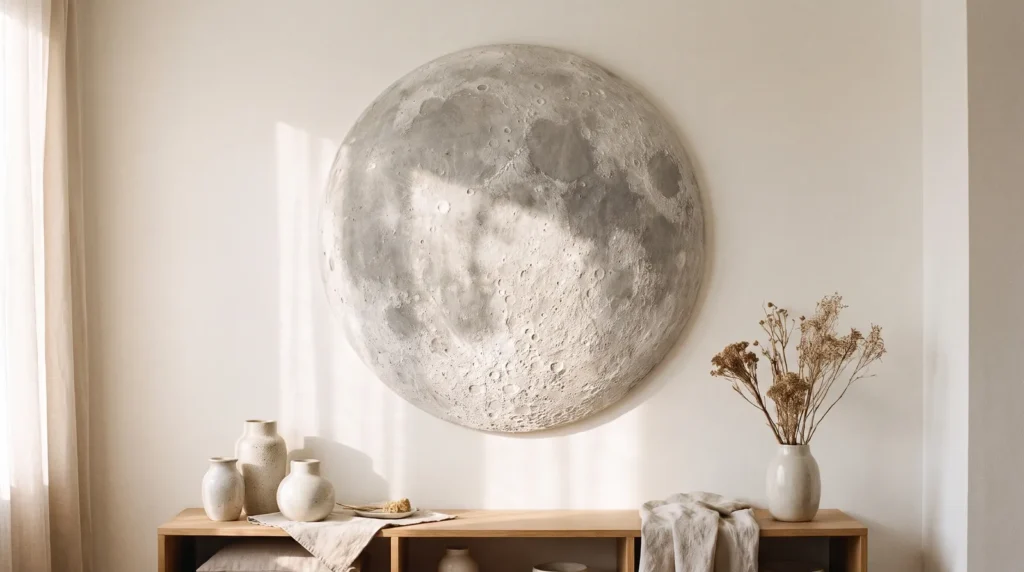 A round plaster moon artwork with realistic crater texture in soft grey-white, hanging on a warm white wall above a low shelf