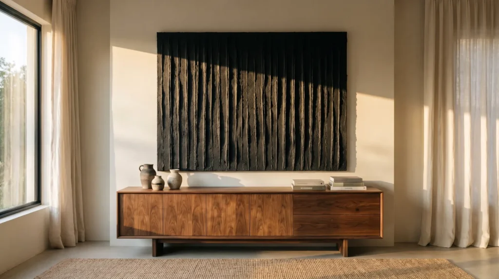 A black plaster wall artwork with deep vertical ridges casting strong shadows in low side light, hanging above a walnut sideboard