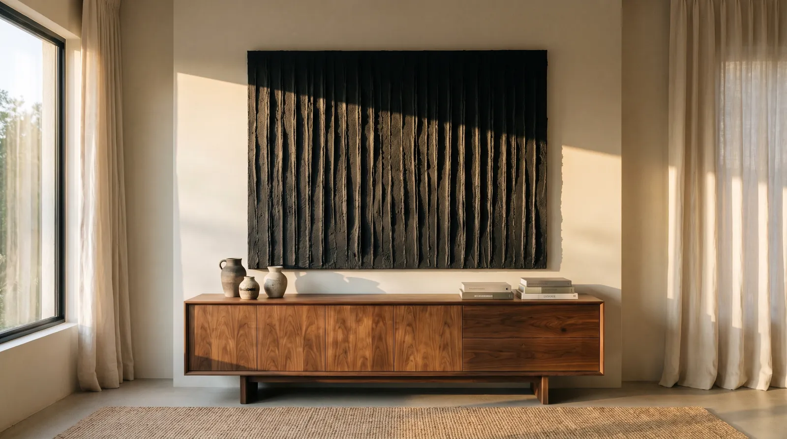 A black plaster wall artwork with deep vertical ridges casting strong shadows in low side light, hanging above a walnut sideboard