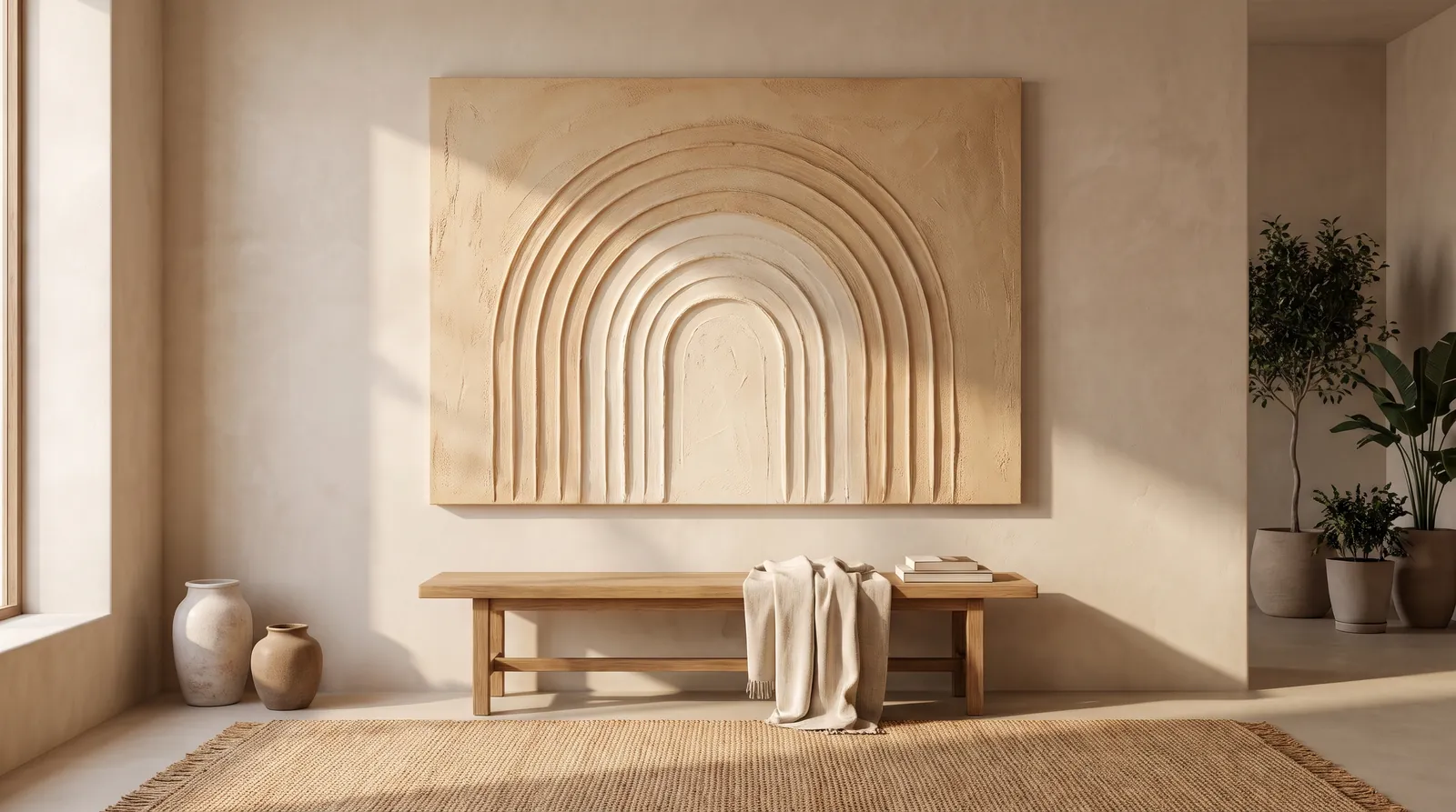 A textured arches canvas with concentric sculpted arches in warm sand and cream, hanging above a simple wooden bench in a bright, modest room
