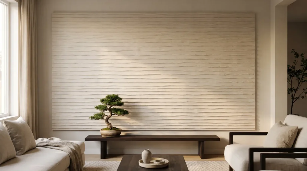 A japandi textured wall art panel with calm horizontal ridges in pale oatmeal plaster, hanging above a low dark wood bench with a small bonsai