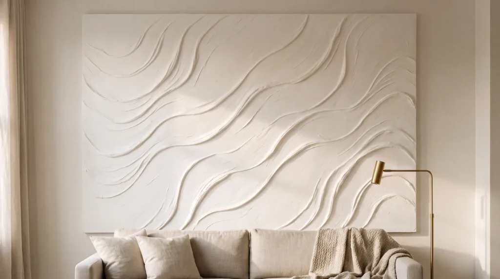 A neutral textured wall artwork in warm white with soft impasto waves, styled above a linen sofa with cushions, a throw and a brass floor lamp beside it
